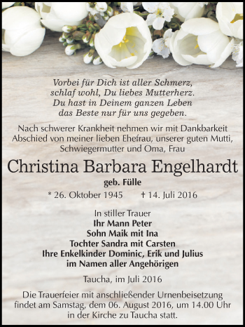 Traueranzeige von Christina Barbara Engelhardt von WVG - Wochenspiegel NMB / WSF / ZTZ