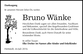 Traueranzeige von Bruno Wänke von Mitteldeutsche Zeitung Mansfelder Land