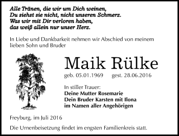 Traueranzeige von Maik Rülke von Mitteldeutsche Zeitung Naumburg/Nebra