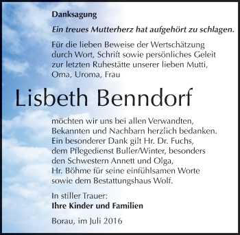 Traueranzeige von Lisbeth Benndorf von Mitteldeutsche Zeitung Weißenfels