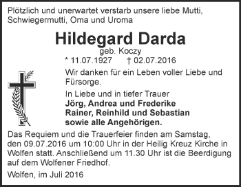 Traueranzeige von Hildegard Darda von WVG - Wochenspiegel Bitterfeld