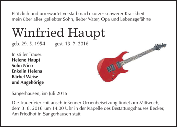 Traueranzeige von Winfried Haupt von Mitteldeutsche Zeitung Sangerhausen