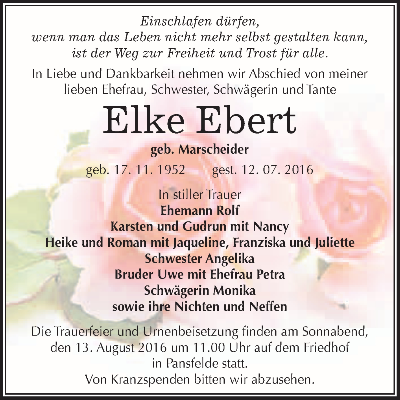  Traueranzeige für Elke Ebert vom 16.07.2016 aus WVG - Wochenspiegel Quedlinburg