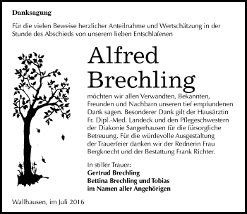 Traueranzeige von Alfred Brechling von Mitteldeutsche Zeitung Sangerhausen