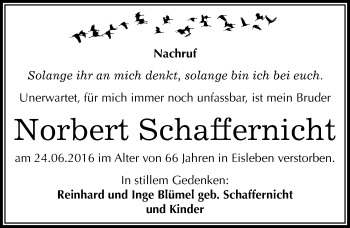 Traueranzeige von Norbert Schaffernicht von Mitteldeutsche Zeitung Mansfelder Land