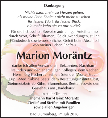 Traueranzeige von Marion Moräntz von Mitteldeutsche Zeitung Merseburg/Querfurt