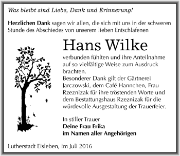 Traueranzeige von Hans Wilke von Mitteldeutsche Zeitung Mansfelder Land