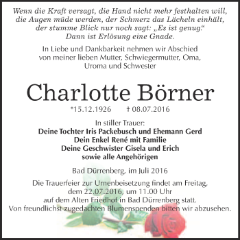 Traueranzeige von Charlotte Börner von Super Sonntag Merseburg