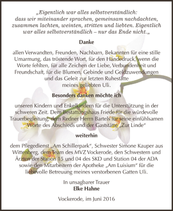 Traueranzeige von Uli  von WVG - Wochenspiegel Dessau / Köthen