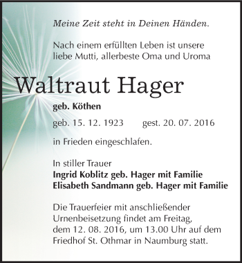 Traueranzeige von Waltraut Hager von Mitteldeutsche Zeitung Naumburg/Nebra