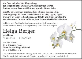 Traueranzeige von Helga Berger von Mitteldeutsche Zeitung Köthen