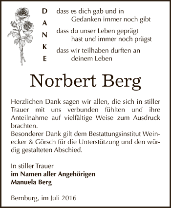 Traueranzeige von Norbert Berg von Super Sonntag Bernburg