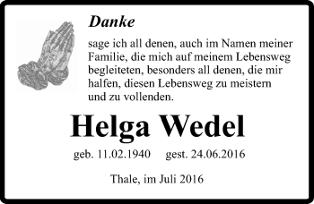 Traueranzeige von Helga Wedel von Mitteldeutsche Zeitung Quedlinburg