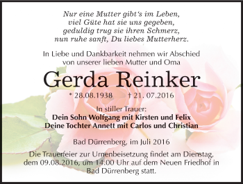 Traueranzeige von Gerda Reinker von Mitteldeutsche Zeitung Merseburg/Querfurt