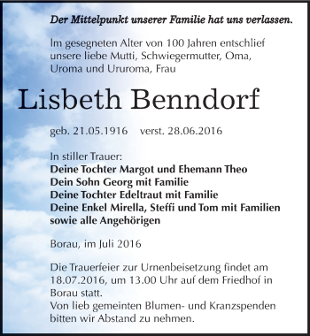 Traueranzeige von Lisbeth Benndorf von Mitteldeutsche Zeitung Weißenfels