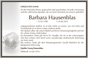 Traueranzeige von Barbara Hausenblas von Super Sonntag SGH Mansf. Land