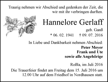 Traueranzeige von Hannelore Gerlaff von Mitteldeutsche Zeitung Sangerhausen