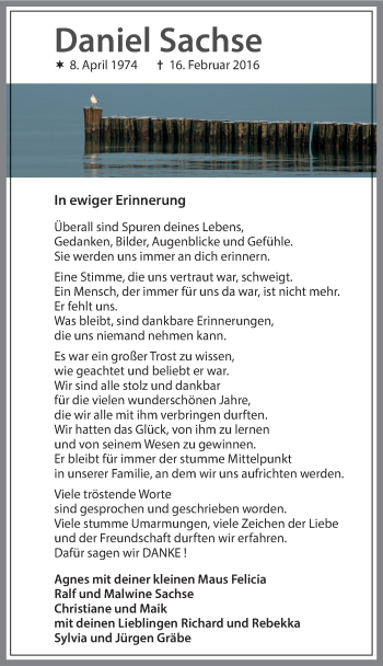 Traueranzeige von Daniel Sachse von Mitteldeutsche Zeitung Weißenfels