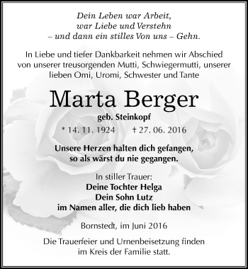 Traueranzeige von Marta Berger von Mitteldeutsche Zeitung Mansfelder Land