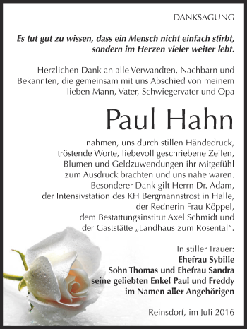 Traueranzeige von Paul Hahn von WVG - Wochenspiegel NMB / WSF / ZTZ