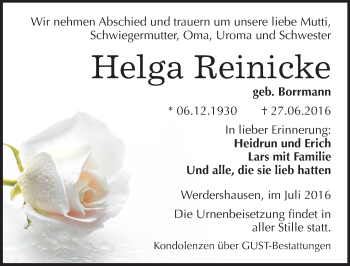 Traueranzeige von Helga Reinicke von Mitteldeutsche Zeitung Köthen