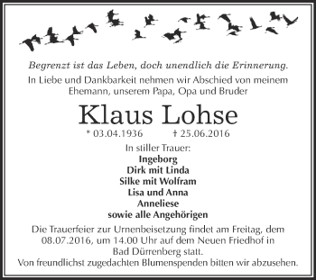 Traueranzeige von Klaus Lohse von Super Sonntag Merseburg