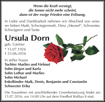 Traueranzeige von Ursula Dorn von Mitteldeutsche Zeitung Dessau-Roßlau