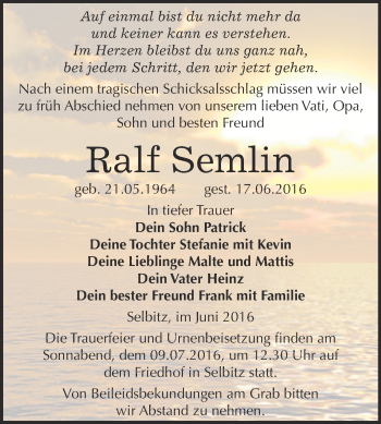 Traueranzeige von Ralf Semlin von WVG - Wochenspiegel Wittenberg