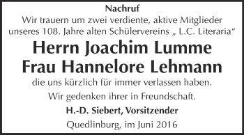 Traueranzeige von Hannelore Lehmann von Super Sonntag Quedlinburg