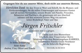 Traueranzeige von Jürgen Fritschler von Mitteldeutsche Zeitung Quedlinburg