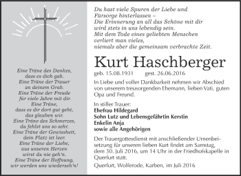 Traueranzeige von Kurt Haschberger von WVG - Wochenspiegel Merseburg