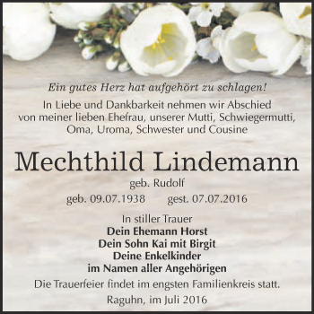Traueranzeige von Mechthild Lindemann von WVG - Wochenspiegel Bitterfeld