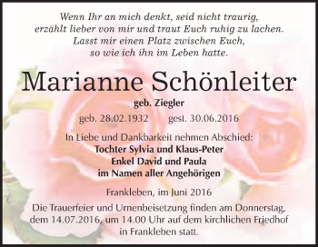 Traueranzeige von Marianne Schönleiter von WVG - Wochenspiegel Merseburg