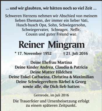 Traueranzeige von Reiner Mingram von Mitteldeutsche Zeitung Quedlinburg