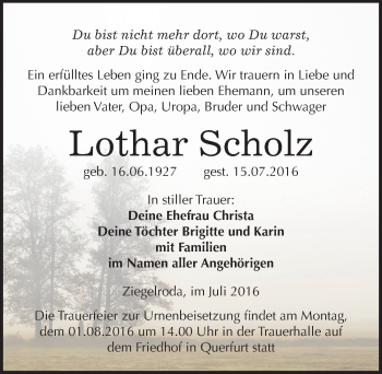 Traueranzeige von Lothar Scholz von Mitteldeutsche Zeitung Merseburg/Querfurt