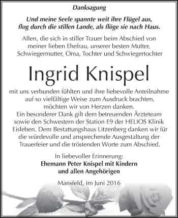 Traueranzeige von Ingrid Knispel von Wochenspiegel Mansfelder Land