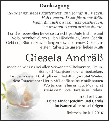 Traueranzeige von Giesela Andräß von WVG - Wochenspiegel Bitterfeld