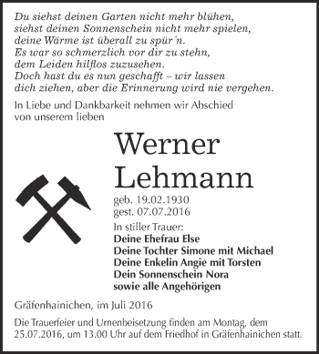 Traueranzeige von Werner Lehmann von WVG - Wochenspiegel Wittenberg