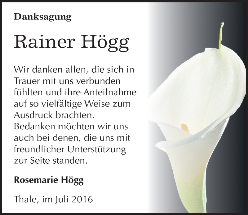  Traueranzeige für Rainer Högg vom 09.07.2016 aus Mitteldeutsche Zeitung Quedlinburg