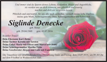 Traueranzeige von Siglinde Denecke von Super Sonntag Quedlinburg