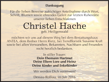 Traueranzeige von Christel Hache von Mitteldeutsche Zeitung Dessau-Roßlau
