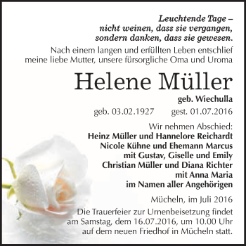 Traueranzeige von Helene Müller von WVG - Wochenspiegel Merseburg