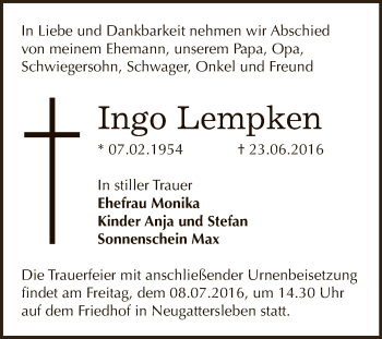 Traueranzeige von Ingo Lempken von Super Sonntag Bernburg
