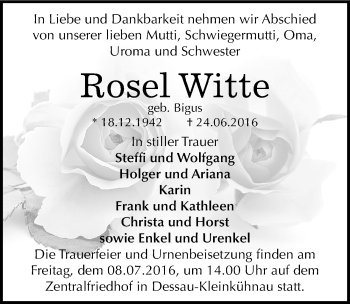 Traueranzeige von Rosel Witte von Mitteldeutsche Zeitung Dessau-Roßlau