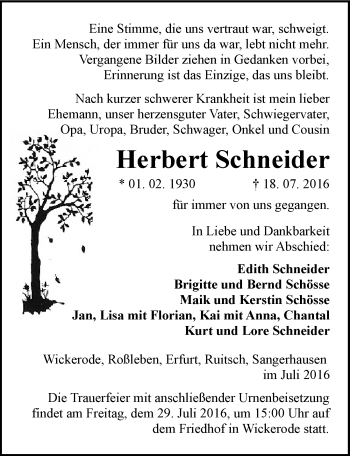 Traueranzeige von Herbert Schneider von Mitteldeutsche Zeitung Sangerhausen