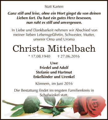 Traueranzeige von Christa Mittelbach von Super Sonntag Aschersleben