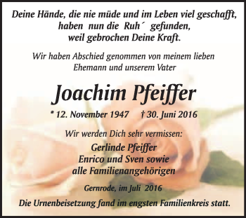 Traueranzeige von Joachim Pfeiffer von WVG - Wochenspiegel Quedlinburg