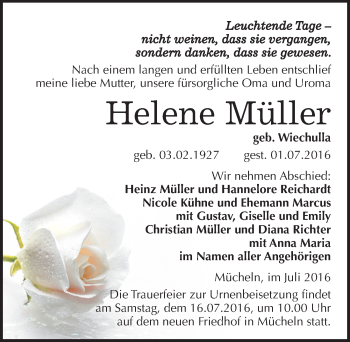 Traueranzeige von Helene Müller von Mitteldeutsche Zeitung Merseburg/Querfurt