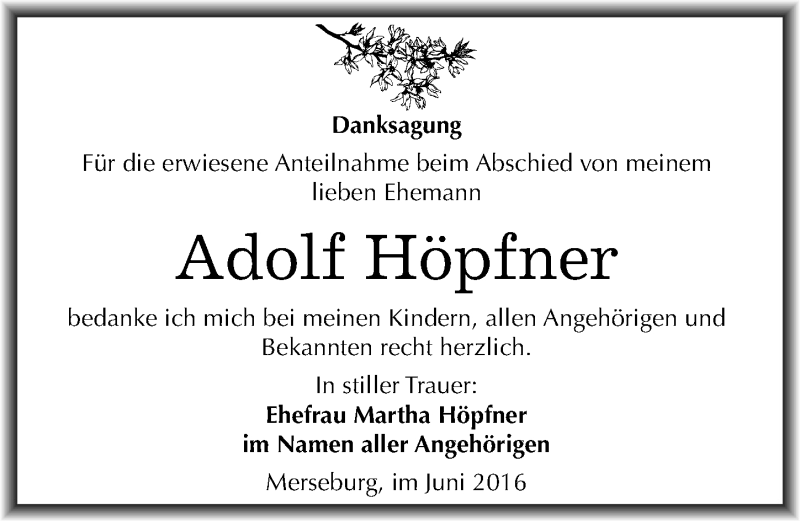  Traueranzeige für Adolf Höpfner vom 09.07.2016 aus Mitteldeutsche Zeitung Merseburg/Querfurt