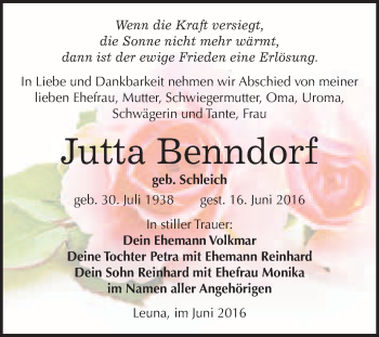 Traueranzeige von Jutta Benndorf von WVG - Wochenspiegel Merseburg